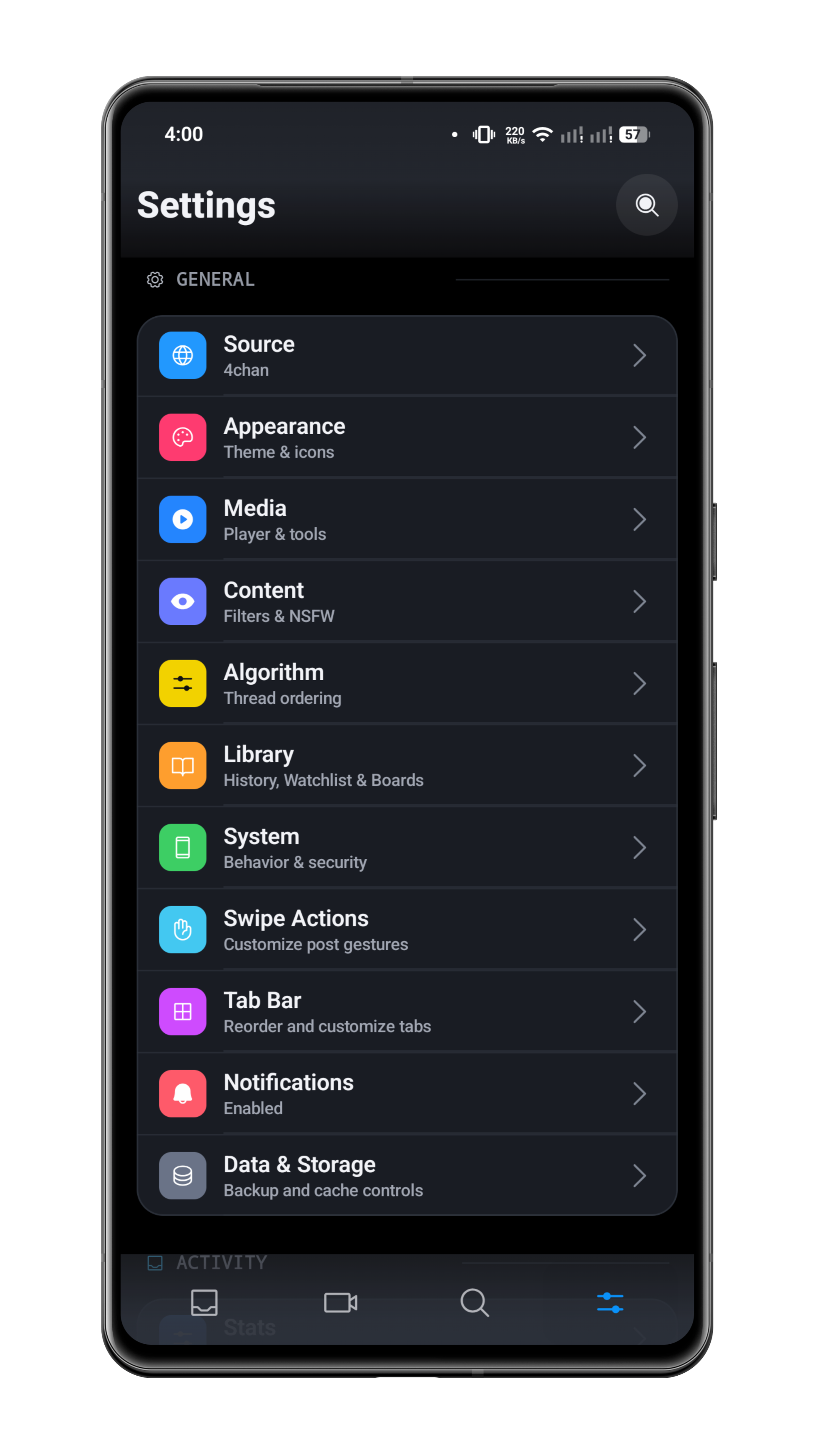 Overboard Android settings