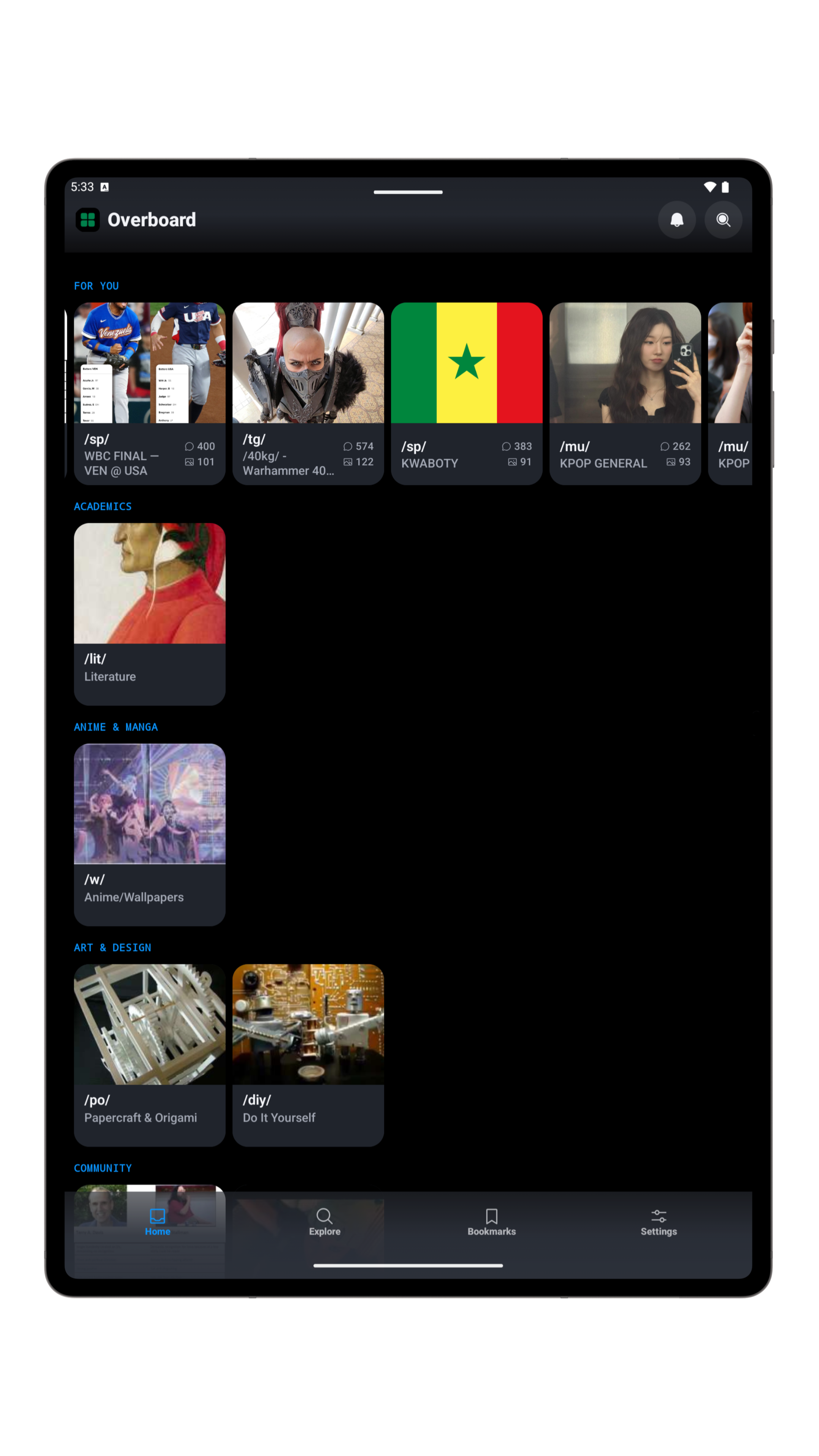 Overboard Android tablet home screen