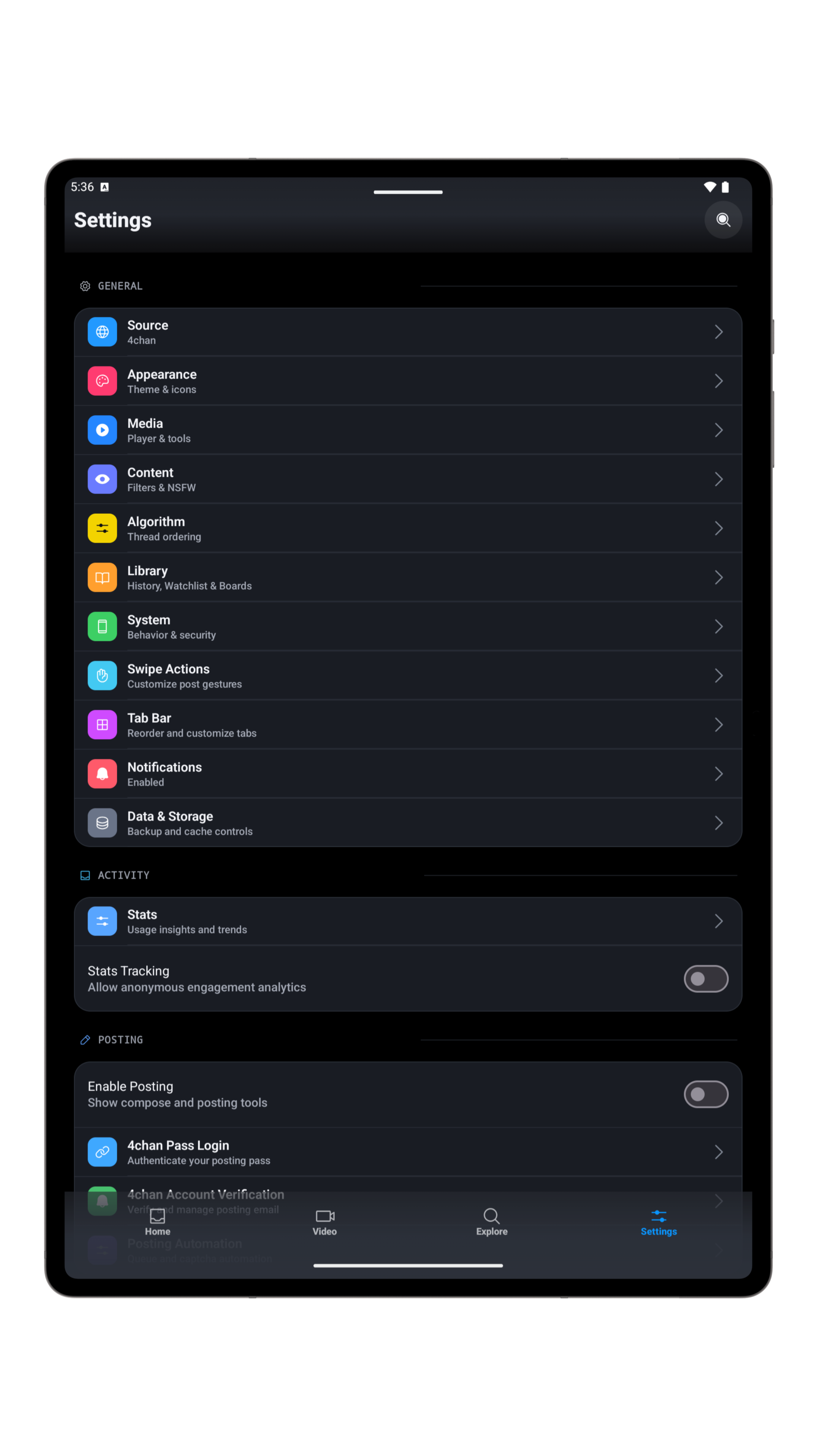 Overboard Android tablet settings