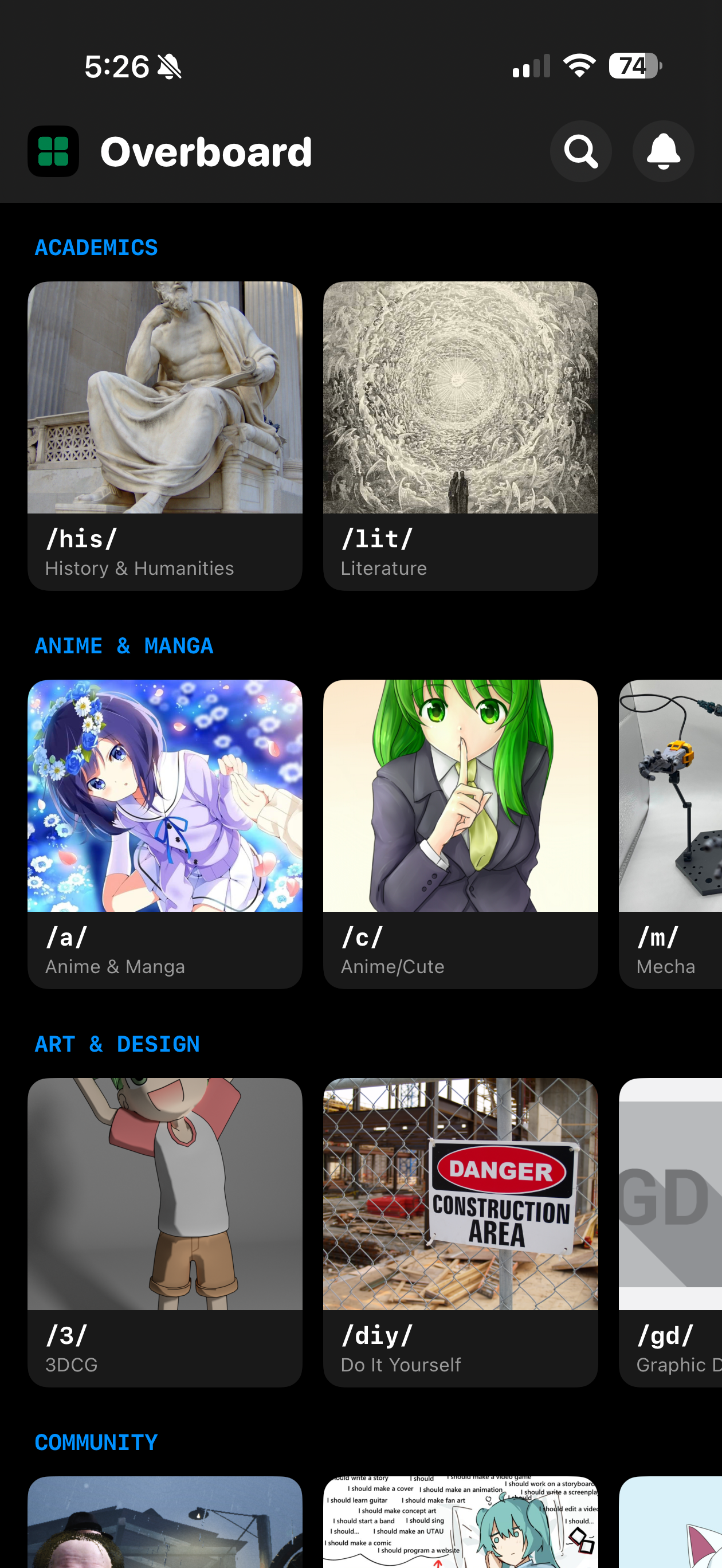 Catalog view with thread previews