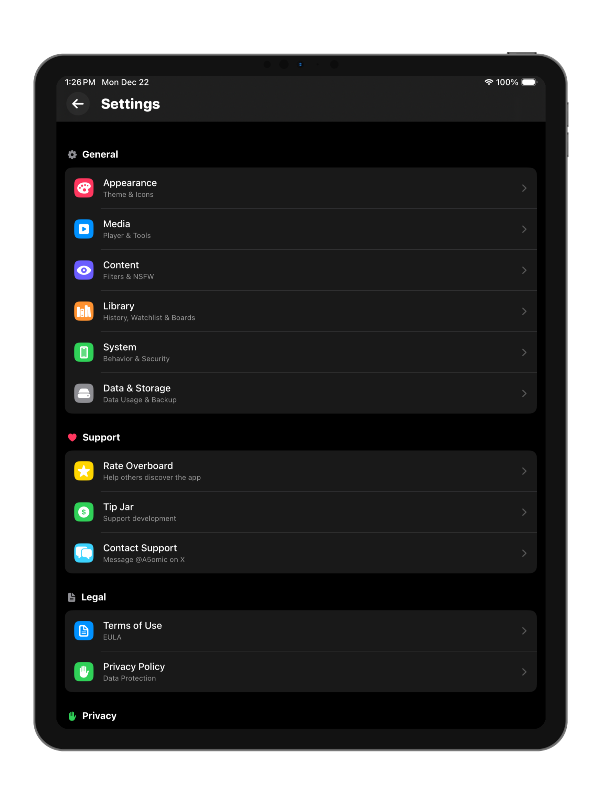 Overboard iPad settings