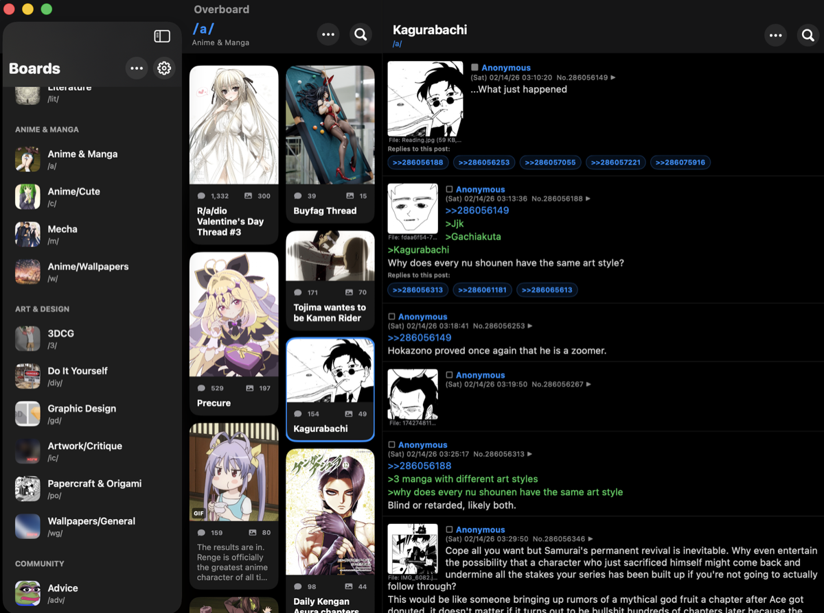 Overboard desktop app showing boards, catalog, and thread view