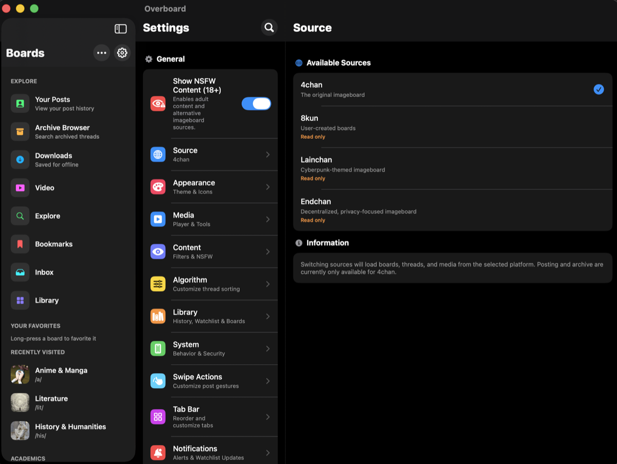 Overboard settings with source selection and customization