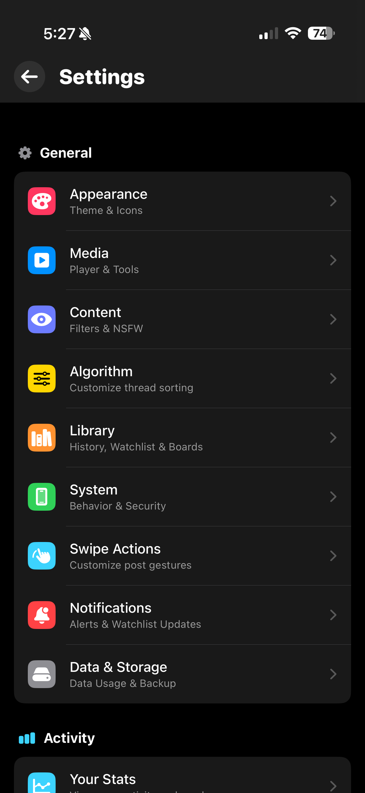Settings page with customization options