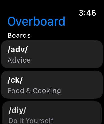 Overboard on Apple Watch showing board list